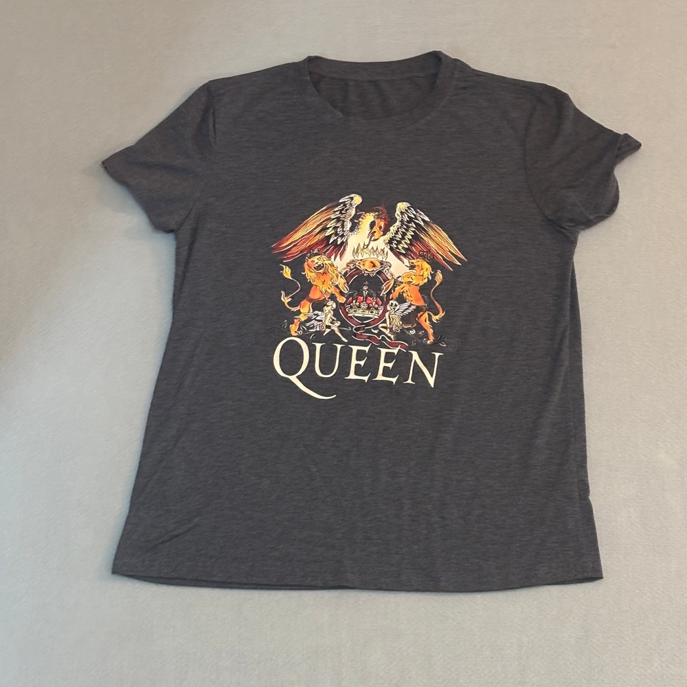 Queen Band T-Shirt Charcoal Gray Crest Logo Graphic Rock Tee Mens M